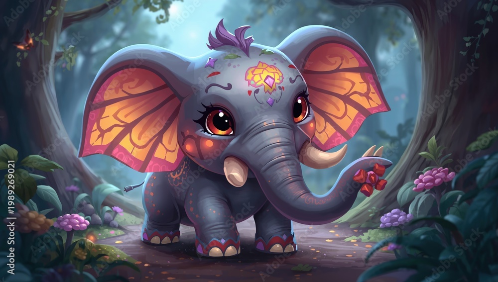 Obraz premium Fantasy baby elephant illustration with glowing patterns, lush forest background, and soft cinematic lighting creating magical storytelling scene