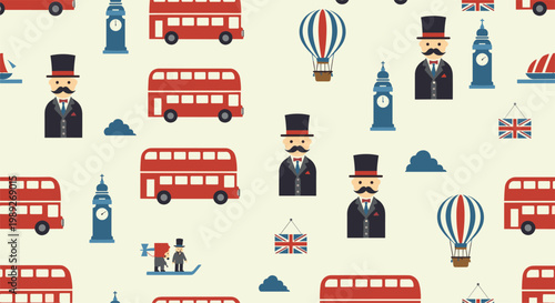 Charming London themed seamless pattern featuring red double decker buses, Big Ben towers, hot air balloons, and gentlemen in top hats.