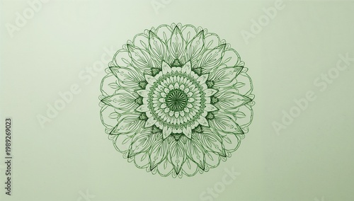 Intricate Green Mandala Design with Floral Patterns on Light Background