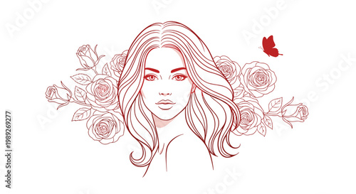 Elegant line art portrait of a beautiful woman surrounded by blooming roses and a delicate butterfly in soft red and white tones.