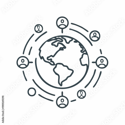 Global network illustration with people icons connected around the Earth, symbolizing worldwide communication and community.