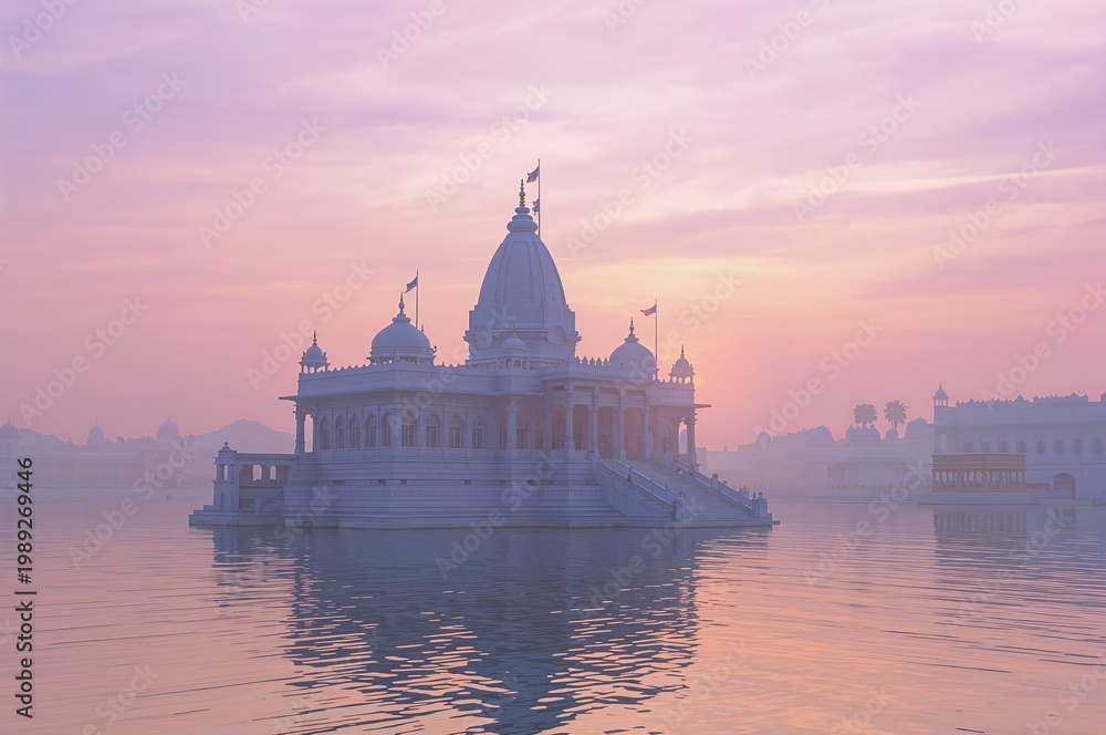 Obraz premium Illuminated temple across water in dense fog with soft reflections, quiet spiritual environment, night setting, serene and mystical landscape composition