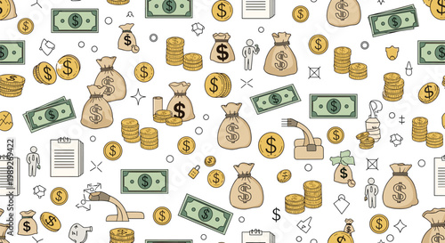 Seamless pattern with money bags, gold coins, and green cash banknotes on white background for financial business and banking concepts.