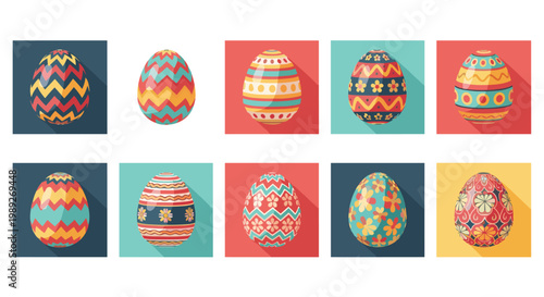 Collection of colorful Easter egg icons with various patterns in a grid for spring holiday celebration and festive graphic decorations.