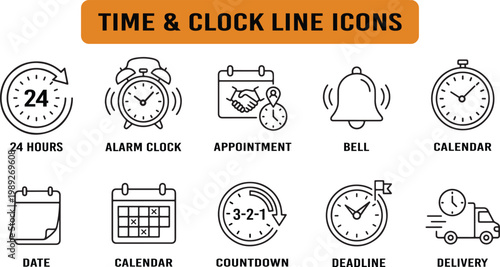 Time and Clock Line Icons Set – Editable Stroke Vector Collection with Alarm, Calendar, Deadline, Countdown, Appointment, 24 Hours Symbols.eps