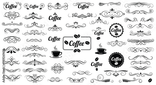 Collection of vintage coffee labels, flourishes, and decorative elements for cafe branding, restaurant menu design, and packaging.