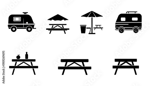 A set of black silhouettes depicting outdoor furniture and vehicles