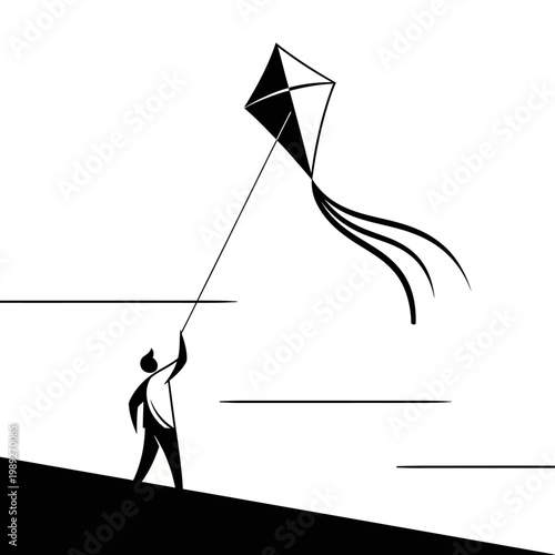 Silhouette of a person flying a kite on a hill