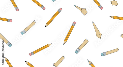 Seamless pattern featuring yellow pencils, erasers, and pencil shavings on a white background for school and creative stationery themes.