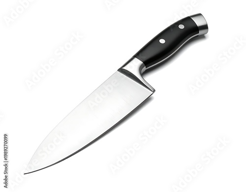 A shiny chef's knife with black handle on white background