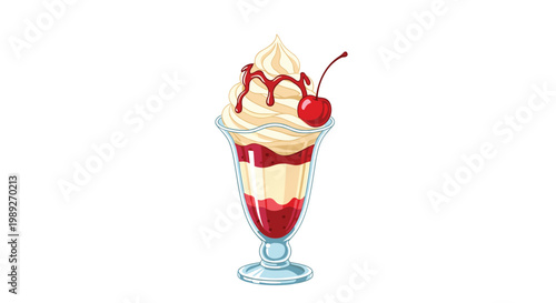 Delicious vanilla ice cream sundae with red berry syrup and a cherry on top in a glass bowl isolated on white background.