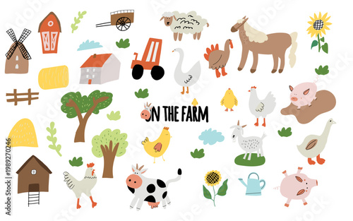 Large farm animals and elements set with full rural composition. Ideal for educational posters, books and agricultural design.