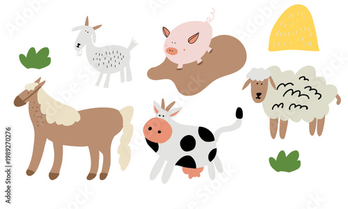 Mixed farm animals composition with cow, pig and other livestock. Balanced set for rural and farming visuals.