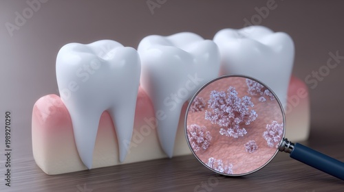 Detailed close-up of healthy teeth model with bacteria magnified for dental education and hygiene awareness