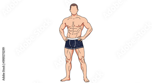 Full body illustration of a muscular athletic man in navy blue boxer briefs isolated on a white background for fitness themes.