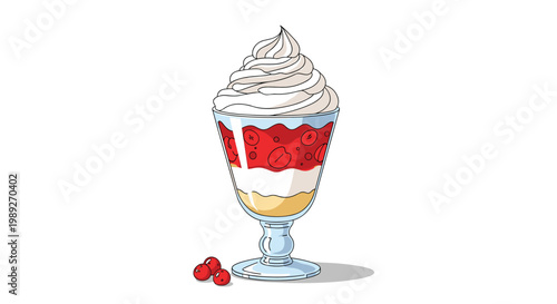 Tasty fruit and cream parfait in a glass with layered berries and whipped cream topping isolated on white background.