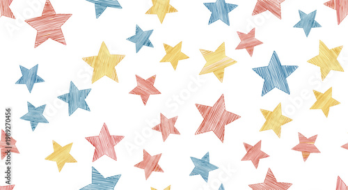 Seamless pattern with hand-drawn colorful sketched stars in red, blue, and yellow on a white background for children themes.