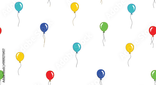 Simple seamless pattern with colorful floating balloons in red, blue, yellow, and green on a white background for parties.