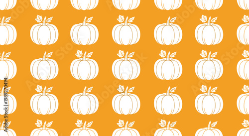 Seasonal seamless pattern with white pumpkin outlines on a bright orange background for fall harvest and holiday decorations.