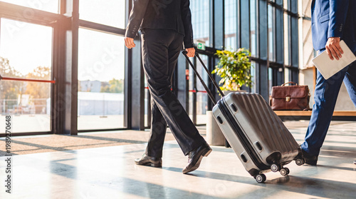 Cuadro en lienzo Professional person in formal wear walking and pulling a suitcase through a bright, modern airport or office
