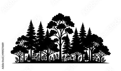 Forest tree silhouette vector set clustered plants and shrubs black nature illustration isolated on white background