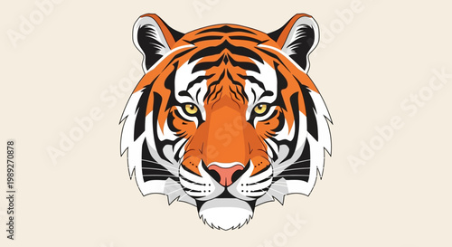 Tiger Face Portrait, Fierce Wild Animal, Orange and Black Stripes, Wildlife Illustration
