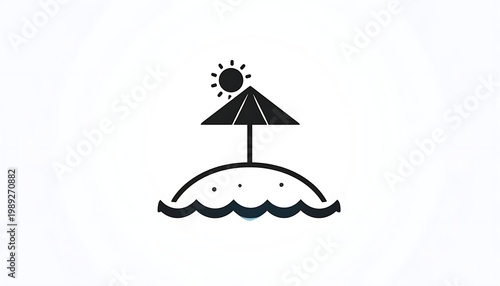 A simple black icon of a beach with umbrella and sun