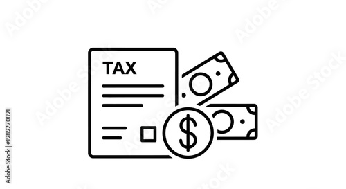 Tax payment icon with dollar bills and coin, financial concept