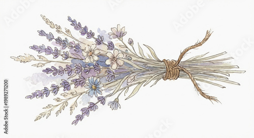 Lavender bouquet, watercolor illustration featuring purple botanical flower. Dried rustic plant tied with rope, evokes peaceful, elegant