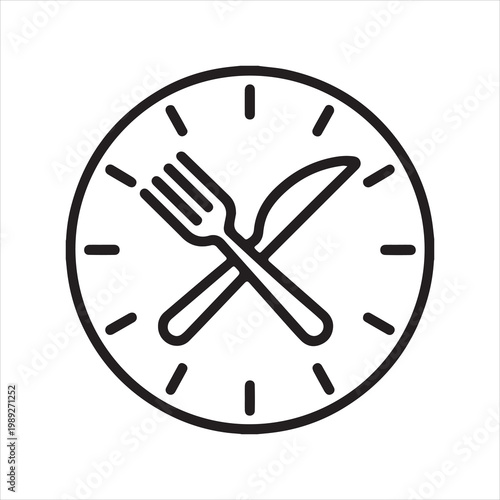 Simple line art icon of a clock face with crossed fork and knife representing meal time
