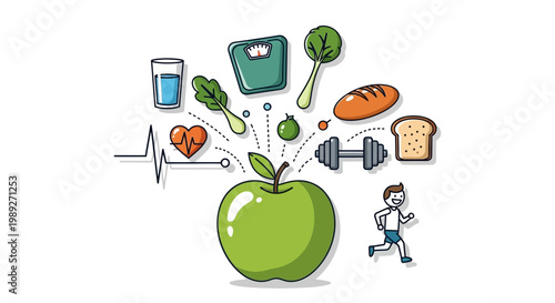 Healthy Lifestyle Concept: Apple, Fitness, Nutrition, Weight Loss, and Wellbeing