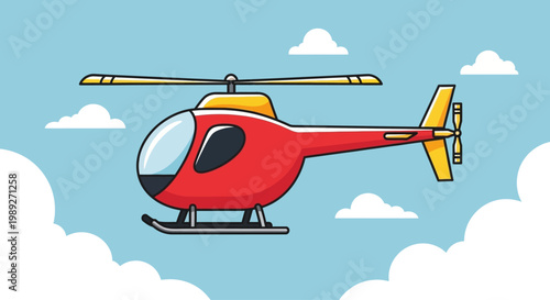 Red helicopter flying in blue sky with clouds, cartoon style