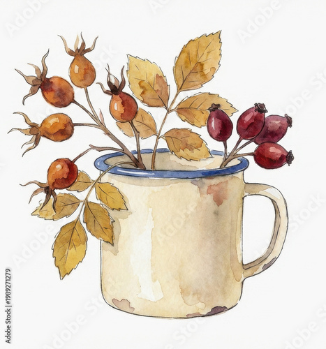 Artistic watercolor illustration featuring vintage enamel mug filled with autumnal rose hips and golden leaves, evoking warm, cozy feeling