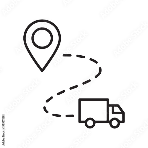 Delivery truck icon following a dashed line route to a location pin