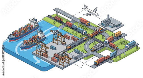 Global Logistics Network: Ships, Trains, Trucks, Airport & Factory - Isometric Illustration