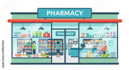 Modern Pharmacy Storefront with Staff and Customers Inside, Healthcare Services