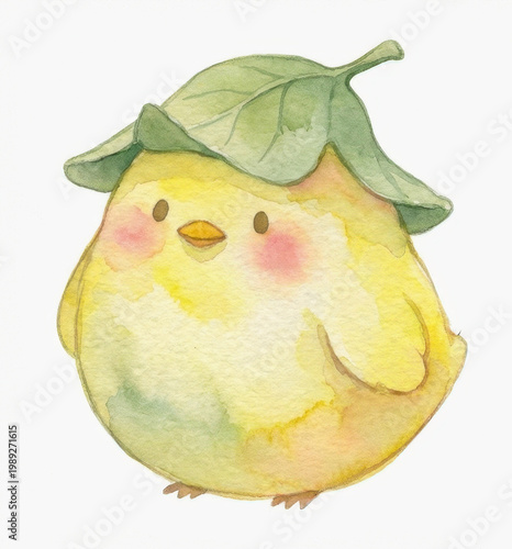 Cute yellow chick creature wearing green leaf hat. Delightful watercolor illustration of happy animal. Adorable charming character exudes joyful