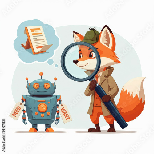 Curious fox detective in coat and hat carefully examines small blue robot with NEED and WANT tags, contemplating document for analysis