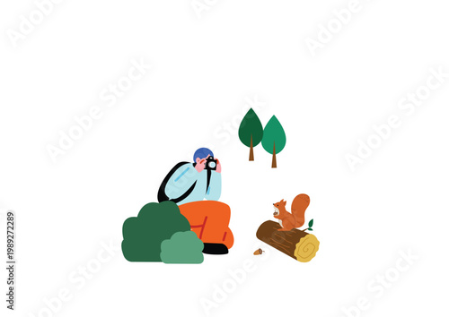 野生動物の写真を撮る男性のイラスト