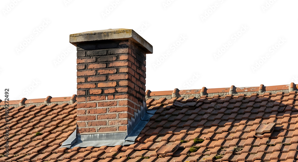Naklejka premium Close-up view of a brick chimney on a terracotta tiled roof against a white background