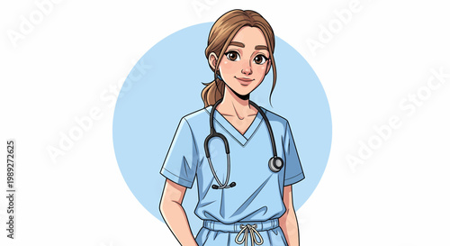 female nurse in blue scrubs with stethoscope and glasses vector illustration