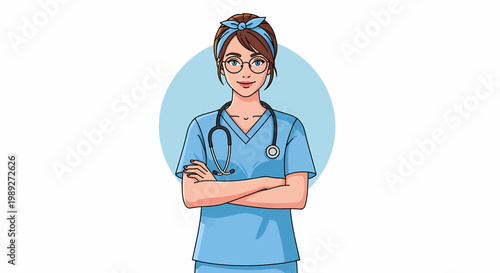 female nurse in blue scrubs with stethoscope and glasses vector illustration