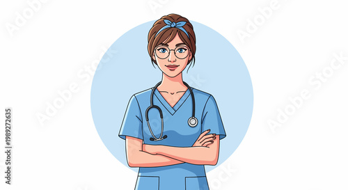female nurse in blue scrubs with stethoscope and glasses vector illustration