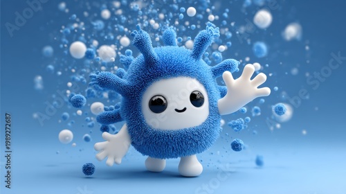 Blue Virus germs or Bacteria and hand,promoting health and hygiene,protect,Educational for illustrate microbes and hygiene concept.