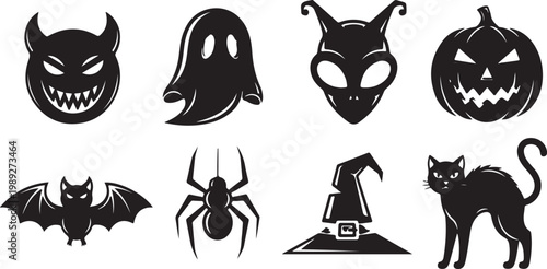 Halloween icons, black silhouettes, spooky symbols, 8 creepy characters isolated on Transparent Background