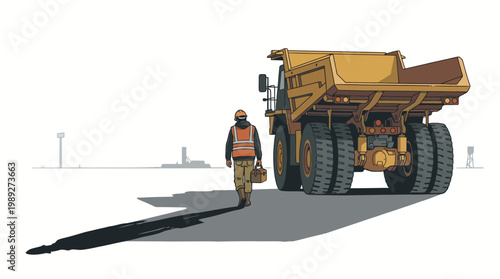 Construction worker with large dump truck.