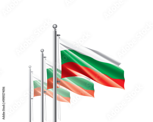 Brightly shining Bulgarian flags wave proudly on tall masts during official celebration events