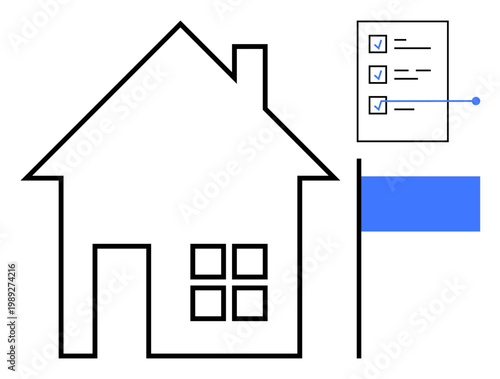 Homeownership, property management, real estate, organization, planning, housing trends. Minimalist outline of a house, checklist and a flag. Homeownership and property management concepts