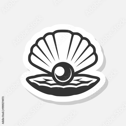 Seashell with pearl icon sticker isolated on gray background
