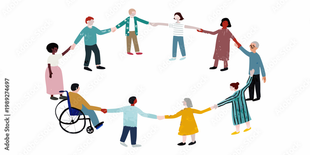 Fototapeta premium Diverse group of people holding hands in a circle representing unity